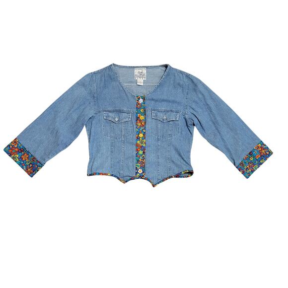 Andrews Blues Applique Floral Stitched Cotton Denim Shrug Jacket Womens M RARE - Picture 1 of 7